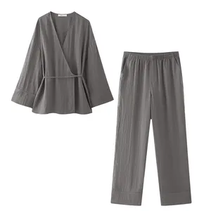 V boyun gri renk uzun kollu sashes kadınlar için sıcak satış rahat moda üst giyim bluzlar