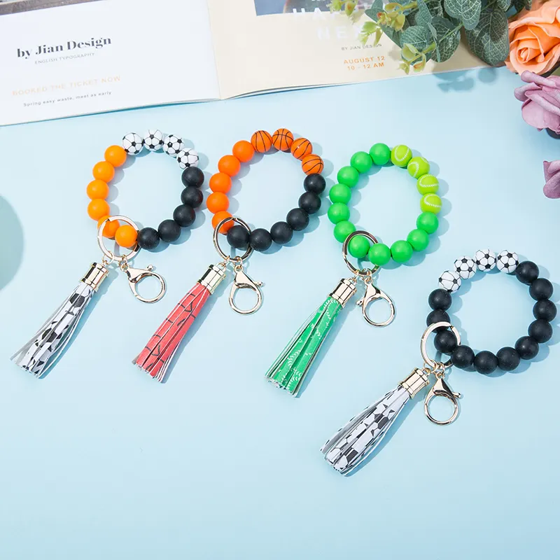 New Design Football Sports Silicone Beads Keychain Basketball Baseball Beaded Keychains Bracelet