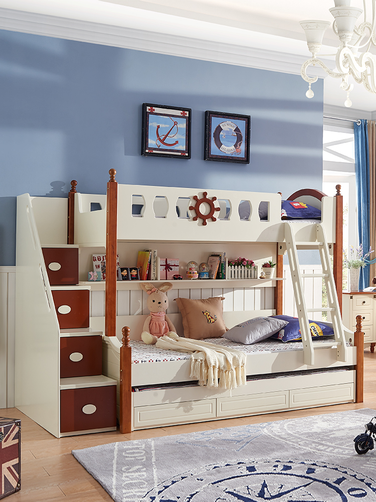 Cheap popular pine white blue color wooden kid's children bunk bed bunkbed