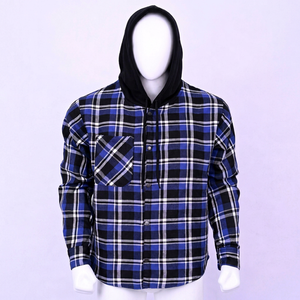 Wholesale Custom Men's Plaid Hooded <b>Flannel</b> Shirt <b>Jacket</b> Long Sleeve Snap Button Casual Shacket with Chest Pocket - Product Image 1