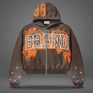 Customized Men's Oversized Zip-Up <b>Hoodie</b> Brown <b>Orange</b> Print Rhinestone Streetwear Sweatshirt 100% Cotton Fleece - Product Image 4