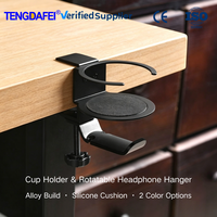 Support de casque et porte-gobelet 2-en-1 rotatif en alliage avec pince en silicone pour bureau, jeux et bureau