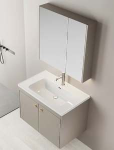 Meuble de salle de bain minimaliste en bois massif, vasque simple avec armoire à pharmacie - Product Image 2