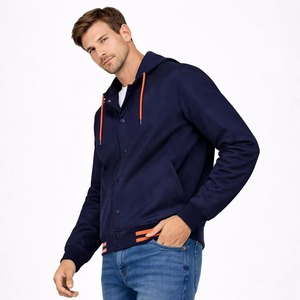 Veste universitaire à capuche bleu marine pour homme, tendance du moment, avec détails orange, vêtement décontracté d'automne, veste universitaire pour homme de haute qualité en vente - Product Image 6
