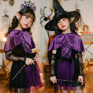 Disfraz de TV y película para niños de Halloween, traje morado con capa de vestido para actuación de chica vampiro - Product Image 1