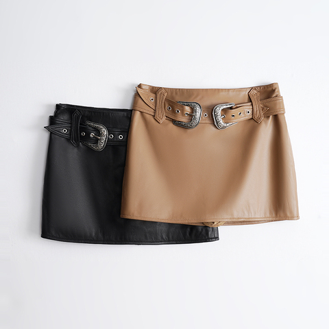 3343 Genuine Leather Skirt Female Miniskirt Real Sheep Skin A-Line Brown Short Sexy Leather Skirts for Women