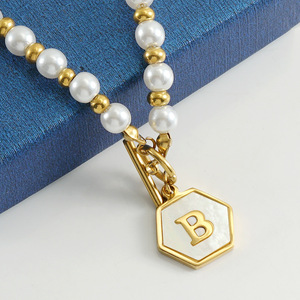 Pearl Chain Necklace Hexagon Pendant Letter B Imitation Pearl Gold Plated Unisex Everyday Wearing - Product Image 1
