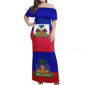 빈티지 레드 블루 폴리네시아 부족 아이티 플래그 인쇄 드레스 사용자 정의 우아한 여성 플러스 사이즈 의류 한 어깨 프릴 드레스