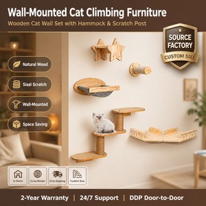 Juego de estantes de pared para gatos de madera natural, estante en forma de estrella, poste rascador de sisal, hamaca de tela, escalones de tela, muebles de pared para gatos - Product Image 2