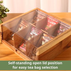 Wooden <b>Tea</b> Bag Storage <b>Box</b> With Clear Lid Rectangle Desktop Organizer For Twinings <b>Tea</b> Bags Solid Wood Compartmentalized - Product Image 3