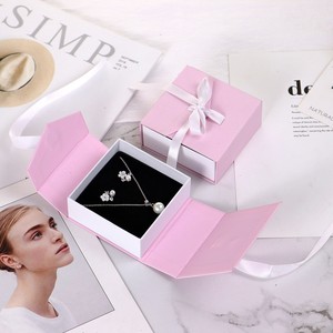 Custom Pink <b>White</b> Magnetic Jewelry <b>Gift</b> <b>Box</b> Foldable Packaging Flap Magnetic <b>Box</b> with Ribbon - Product Image 3