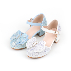 Nuove scarpe da cerimonia con glitter e paillettes, scarpe da damigella d'onore con fiocco, versatili e graziose con tacco a blocco, scarpe da principessa per la danza. - Product Image 1