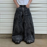 Jeans Peintre Homme Personnalisés en Denim Effet Vieilli Délavé à la Pierre Vintage Taille Mi-Haute Super Grandes Poches Coupe Ample Jambe Large Enduits de Cire