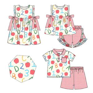 Pantalones Cortos y Vestidos Casuales Personalizados para el Regreso a Clases con Estampado de Manzanas ABC, de Algodón y Elastano Transpirable para Niños, Combinados para Hermanos, Primavera Otoño - Product Image 1
