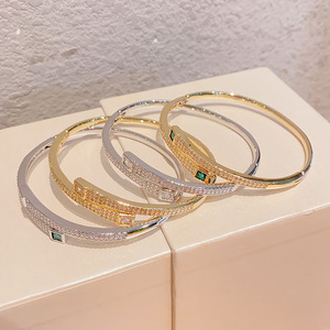 European American Style Electroplated <b>Copper</b> Cuff <b>Bracelet</b> With Zircon And Sapphire Inlay Geometric Design For Women Party - Product Image 2