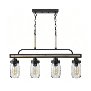 Lampadario Lineare a 4 Luci in Vetro Mason Jar, Nero <span class=keywords><strong>Metallo</strong></span> e Legno Venato, Stile Rustico, <span class=keywords><strong>per</strong></span> Hotel, Sala da Pranzo, Isola Cucina - Product Image 2