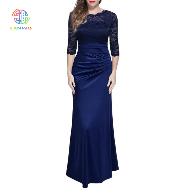 Lanwo Fashion Elegant Women's Lace Waist Slim Dress Custom Bodycon Solid Color Satin Maxi Evening Dress