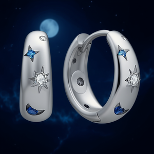 Orecchini a Cerchio con Zirconi a Stella, Placcati in Oro Bianco, in Lega, Regalo Carino per Donne, Gioielli con Taglio Brillante Rotondo e Montatura a Griffe, Orecchini alla Moda - Product Image 2