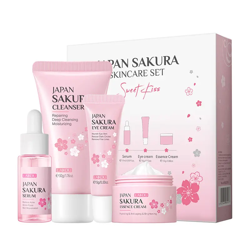 LAIKOU Sakura Gesichts set Augen creme Gesichts reiniger Creme Serum Feuchtigkeit spendendes natürliches Japan Sakura Hautpflege set 4St