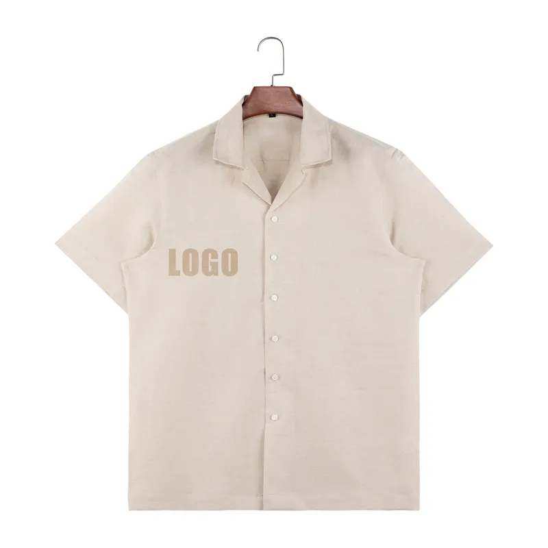 Camisas de hombres de boton mens clothing , bespoke linen fabric beige hawaiian print men shirt