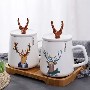 Seaygift Navidad creativo Estilo nórdico Elk Ciervo de Oro 3D cabeza de ciervo Animal taza de café de cerámica