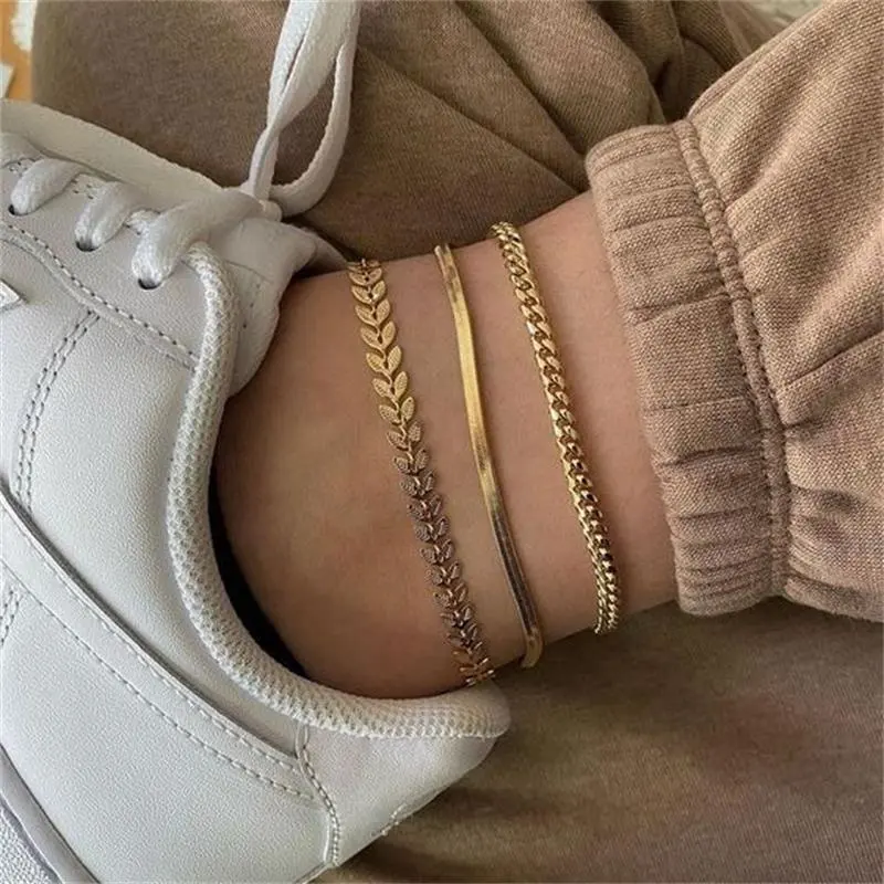 Fashion Designs 14k Gold Plated Three Layer Fishbone Shape Anklet Beach Feet Chain Jewelry Antique Foot Anklets