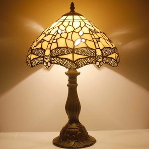 Lampada da Tavolo LED Stile <span class=keywords><strong>Tiffany</strong></span> 12x12x18 Pollici con Vetro Colorato Crema, Funzionamento Elettrico per Camera da Letto, Scrivania, Luce da Lettura e Decorazione - Product Image 4