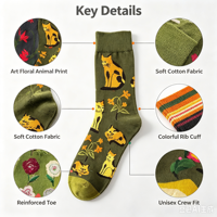 Chaussettes en coton unisexes à motifs artistiques, chaussettes mi-mollet jacquard à motifs floraux et animaux, chaussettes de mode, conception personnalisée OEM, chaussettes cadeaux en gros