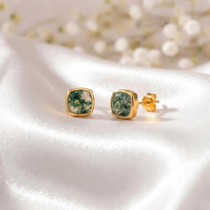 Premium Moss Agate Cushion Cut Faceted <b>Stud</b> <b>Earrings</b> Natural Green Gemstone Jewelry In 925 Sterling <b>Silver</b> Or 18K Gold Filled - Product Image 1