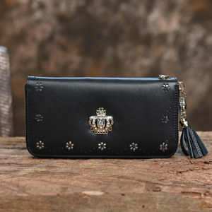 Ando Bag Genuine Cowhide Leather Long <b>Wallet</b> <b>for</b> <b>Women</b> Vintage Crown Floral Zip Around Wristlet - Product Image 1