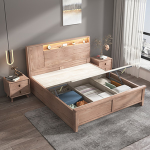 Nordic Solid Wood Bed 1.8m/1.5m Lighted <b>Headboard</b> High Box Storage Bedroom Furniture - Product Image 4