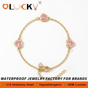 LUCKYJIU Produttore di Gioielli Personalizzati, Braccialetto per Bambini in Acciaio Inossidabile Placcato Oro 18k, Impermeabile, con <span class=keywords><strong>Cuore</strong></span> Rosa in Cristallo e Smalto - Product Image 1