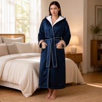 Peignoir unisexe à capuche double face bleu foncé lavable en machine pour coffret cadeau et après la baignade, longueur intégrale, vente en gros