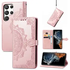 Factory Drop Shipping High Quality Leather Case Wallet Case Datura Flowers Wrist Strap For Samsung Galaxy S24 S23 S22 Ultra