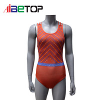 Justaucorps de gymnastique vintage américain pour lycéennes, rouge, bleu, orange, à chevrons, avec strass, dos croisé, sans manches