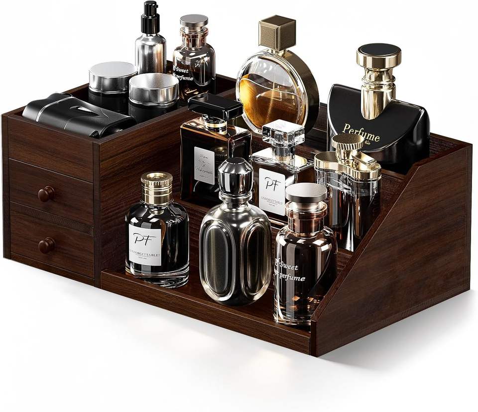 Wooden Cologne Organizer for Men 3-Tier Elevated Wood Perfume Storage ...