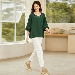 Women's Bohemian Knitted Blouse Crew Neck Three Quarter Sleeve Breathable Regular Fit Solid Green Spring Summer Casual Wear - Product Image 4