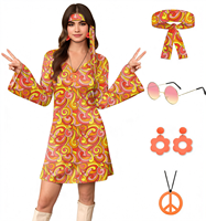 Costume d'Halloween pour femmes, style hippie des années 70, robe à manches cloche rétro, tenue de fête, avec bandeau, lunettes de soleil, collier de la paix