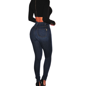 Women's Casual Slim Fit Stretch High <strong>Waisted</strong> Buttons Skinny Denim Pants Elastic Hip Lifting Jeans <strong>Trousers</strong> With Pockets - Product Image 4