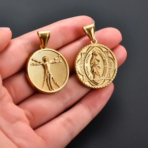 Collier pendentif rond vintage en acier inoxydable pour femmes et hommes, chaîne couleur or, breloques religieuses, accessoires de bijoux en métal DIY - Product Image 5