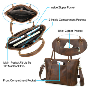 Sac fourre-tout unisexe pour ordinateur portable 14 pouces, pour femmes et hommes, en cuir Crazy Horse, avec bandoulière amovible, grande capacité - Product Image 4