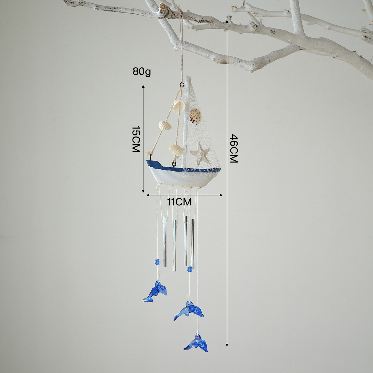 Blue and white wind chimes and white starfish