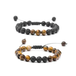 Pulsera de cuentas de la suerte para hombre, brazalete ajustable de 8mm, Ojo de Tigre, <span class=keywords><strong>Lava</strong></span>, piedra Rock, para aliviar la ansiedad, hecho a mano, 2 uds. - Product Image 4