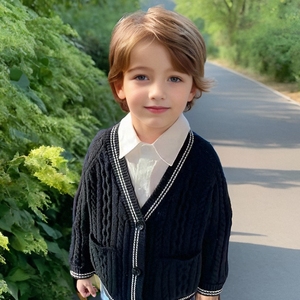 <span class=keywords><strong>Cardigan</strong></span> à col en V à simple boutonnage de couleur unie pour garçons Nouveaux vêtements pour enfants pour le printemps et l'automne Pull blazer élégant - Product Image 2