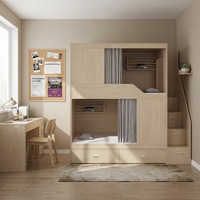 Lit superposé multifonctionnel en bois avec escalier de rangement et rideau d'intimité pour dortoir étudiant