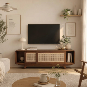 Handcrafted Solid Mahogany Wood <b>TV</b> <b>Stand</b> Cabinet Scandinavian Style Living Room Entertainment Console Large Capacity Space - Product Image 1