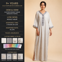 Gandoura Abaya Robe en Coton à Rayures avec Bordure Tressée Vêtements Modestes pour Femmes Musulmanes Jabador pour Femmes Kaftan Traditionnel