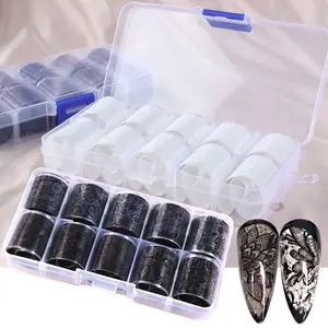 10Pcs Zwart Wit Lace Designer Nail Art Stickers Hollow Sliders Transparante Nail Art Transfer Folie Wraps Salon Nail Sticker