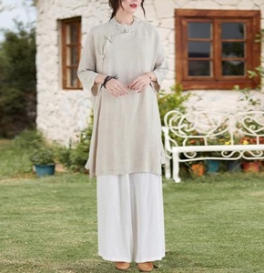 Robe longue décontractée pour femme en mélange lin-coton, col en V, manches courtes, coupe trapèze, écologique, respirante, lavable, coupe classique - Product Image 3