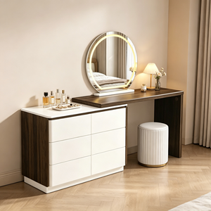 Ensemble de coiffeuse en bois blanc avec miroir LED rond, coffre de rangement, base verticale cannelée dorée, tabouret et bureau de maquillage extensible pour chambre à coucher - Product Image 4